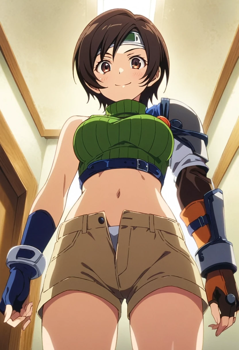 core_9, score_8_up, score_7_up,,BREAK source_anime, from below ,standing,straight-on,medium shot,looking_at_viewer,1girl, yuffie kisaragi, final fantasy, short hair,headband,navel,sleeveless,turtleneck,brown eyes,sleeveless turtleneck,solo,breasts,looking at viewer,smile,gloves,crop top,brown hair,shorts,midriff,,sweater,open fly,fingerless gloves,ribbed sweater,medium breasts,yufi_kisaragi, (best quality),(aesthetic,very aesthetic),masterpiece, highres, (anime screenshot:0.5),