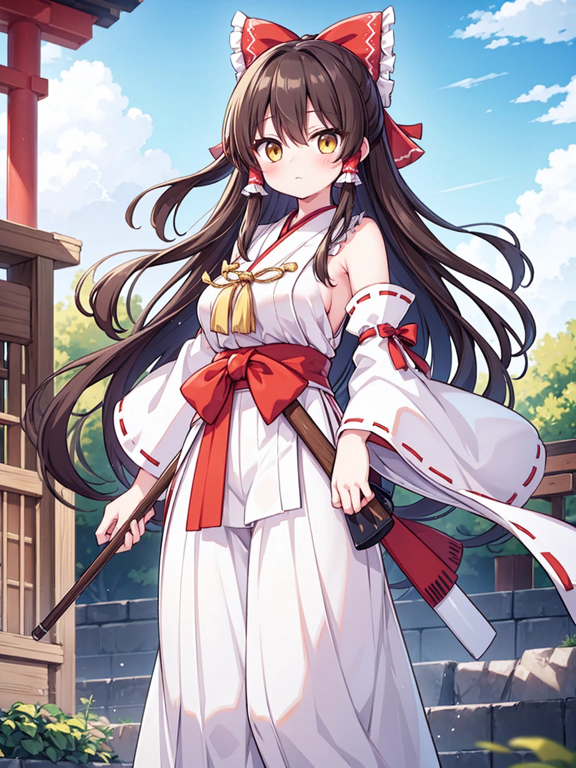 masterpiece, top quality, super detailed, CG illustration, high resolution, better lighting, best shadows, very delicate and beautiful, proper shading, hd, 8k,hakurei reimu, 1girl, solo, long hair, , looking at viewer, blush, bangs, skirt, large breasts hair, black hair, bow, hair between eyes, bare shoulders, closed mouth, standing, yellow eyes, ahoge, hair bow, sidelocks, outdoors, detached sleeves, japanese clothes, sky, day, pants, cloud, wide sleeves, red bow, blue sky, hair tubes, ribbon trim, hakama, hakama skirt, nontraditional miko, ribbon-trimmed sleeves, white sleeves, miko, red hakama