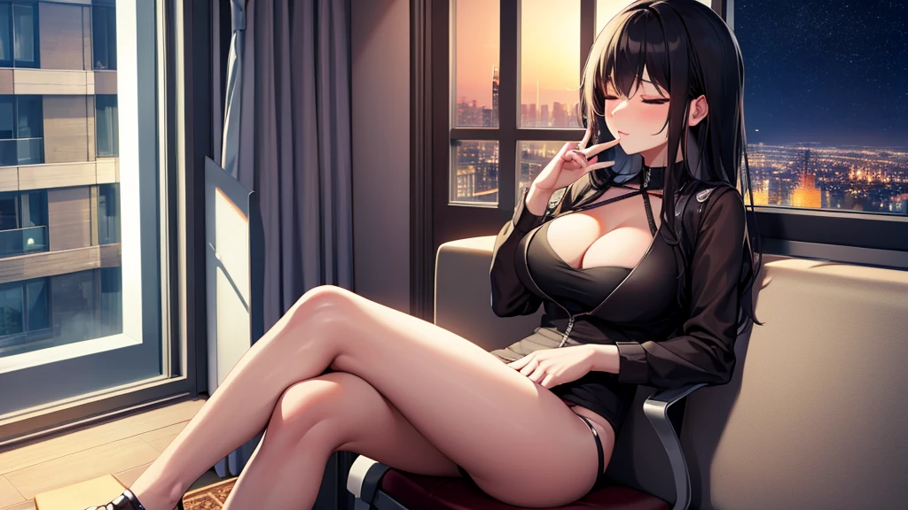 A sexy girl is sitting in a chair by the window listening to music with her eyes closed. Outside the window is a night city.