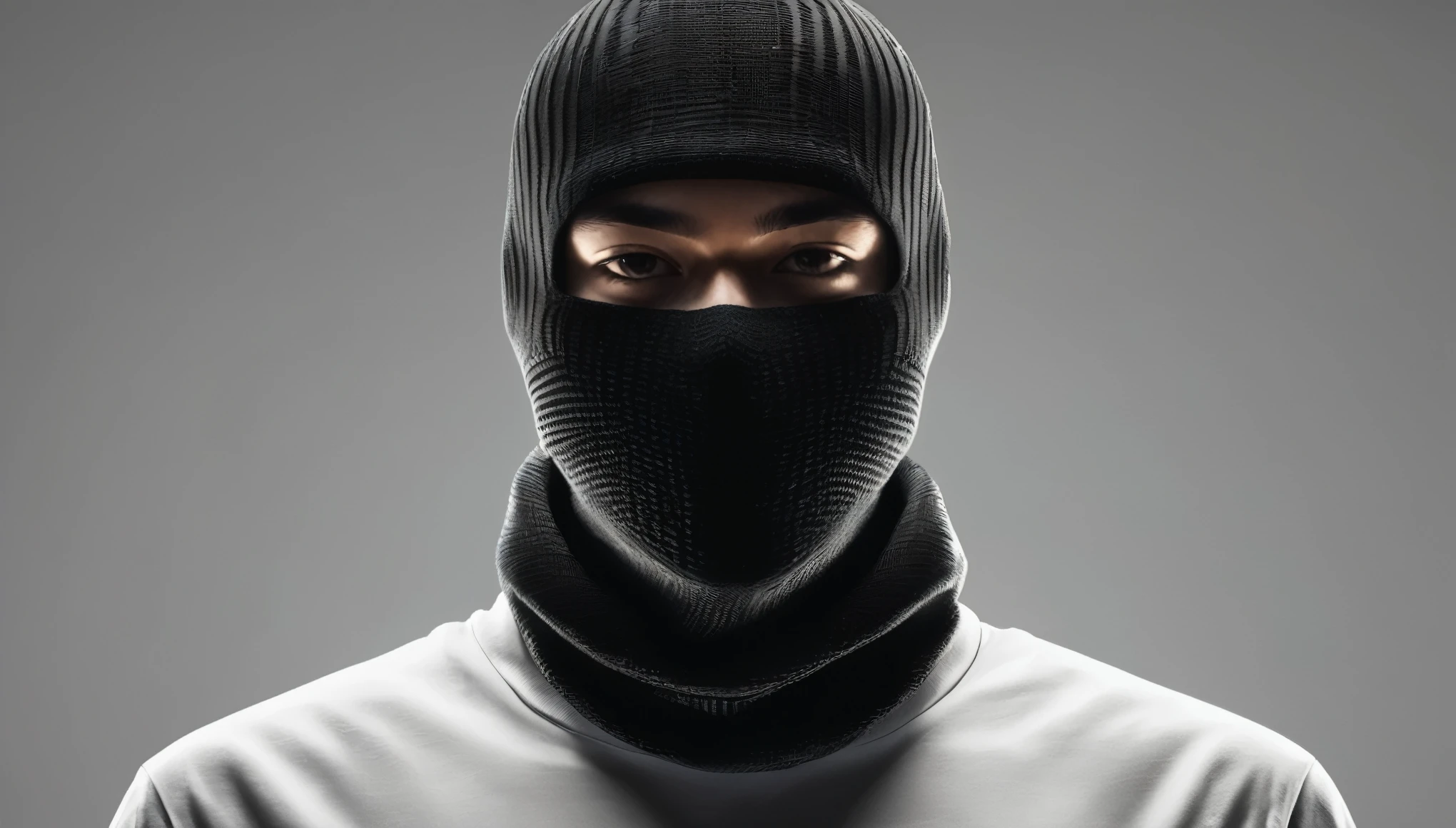 A character in dark clothing , face covered with a black balaclava, with a glowing effect, with solid white background, hyperrealistic,  high quality, ultra detailed