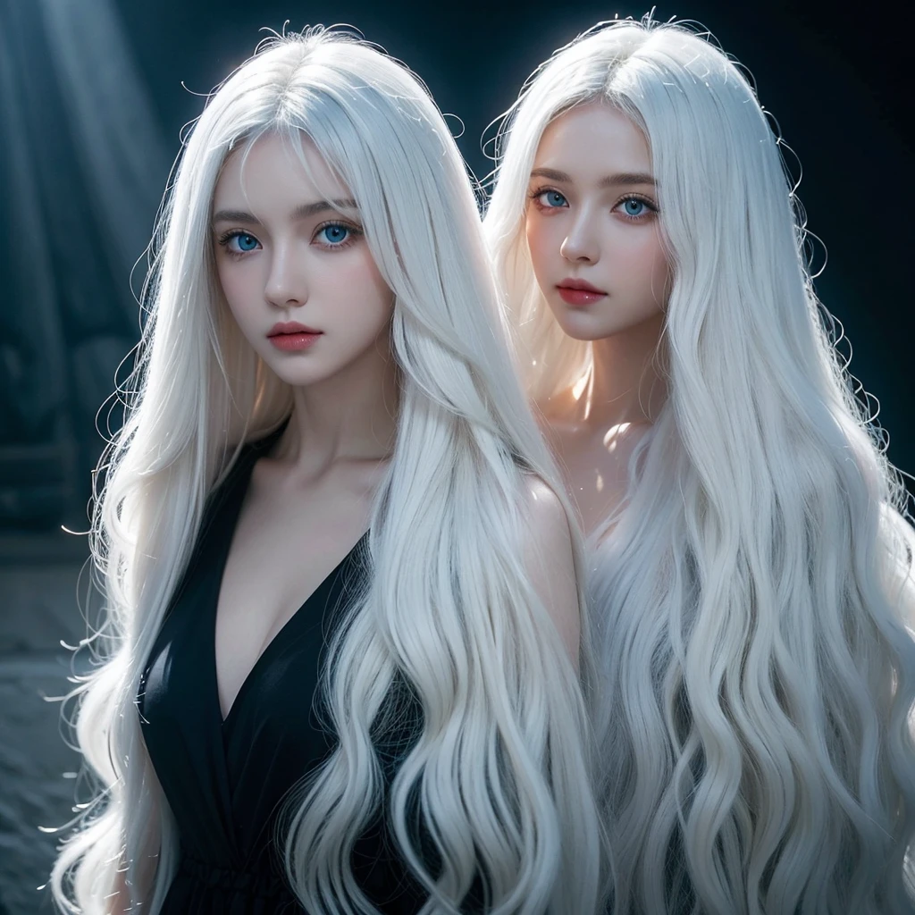 1 woman, White long curly hair,Natural and beauty hair, clean and beauty. White hair. Blue natural eyes. Black clothes. Black, shadows. Night. Fondo oscuro, sin luz.