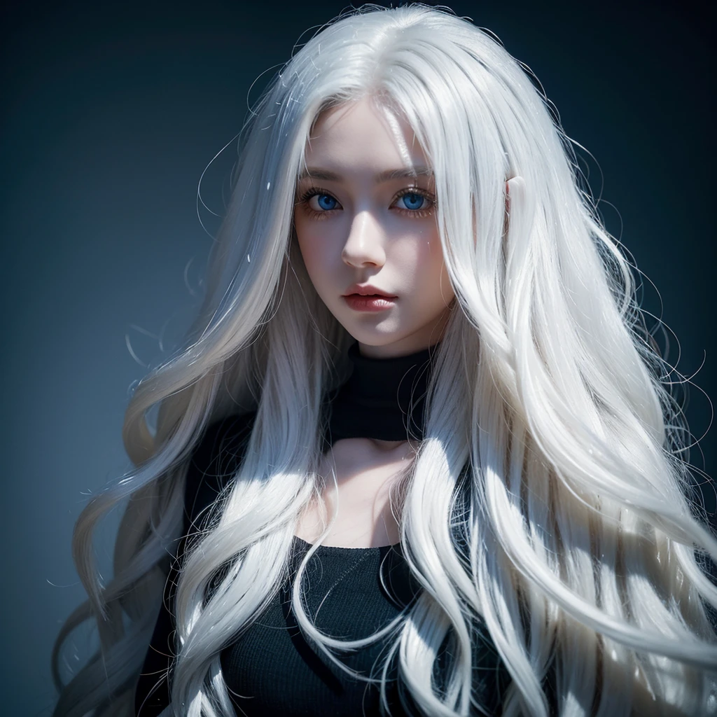 1 woman, White long curly hair,Natural and beauty hair, clean and beauty. White hair. Blue natural eyes. Black clothes. Black, shadows. Night. Fondo oscuro, sin luz.