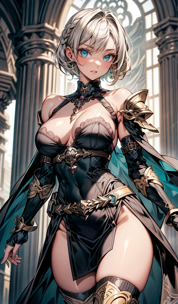 Please follow the all prompts below exactly and faithfully, This is a breathtaking masterpiece of digital illustration, with maximum resolution, UHD, 512K, 2160p, 10 million ppi, 300 million dpi, natural color tones, ultra sharp details, perfect outlines with contrast, ((smooth, soft and clearly and most realistic skin and hair texture)), most beautiful detailed eye features, perfect anatomically correct human body, beautiful background with depth, rule of thirds, depth of field, Maximize all element is used to its full potential to create the best digital illustrations, 1woman, sexy, 25years old, beautiful face sharp, elegant woman, Ultimate perfect body style, beautiful beautiful big breasts, Maximize upturned breasts, green eyes, shiny blonde hair, short hair, bob cut, (eyes visible through hair:1.3), glossy very thick lips, pink lipstick, smile:1.5, Fantasy world warrior with detailed armor, wielding a sword, vibrant colors, dynamic pose, and a skirt. The armor includes silver-plated chest armor, intricate shoulder guards, elaborate gauntlets, decorative knee pads, shin guards with engravings, chainmail sleeves, leather belt with pouches, plumed helmet, ornate scabbard, gem-encrusted hilt, flowing cape, thigh-high boots, decorative belt, floral patterns, silk lining, golden accents, emerald inlays, shoulder pauldrons, and dragon motif.