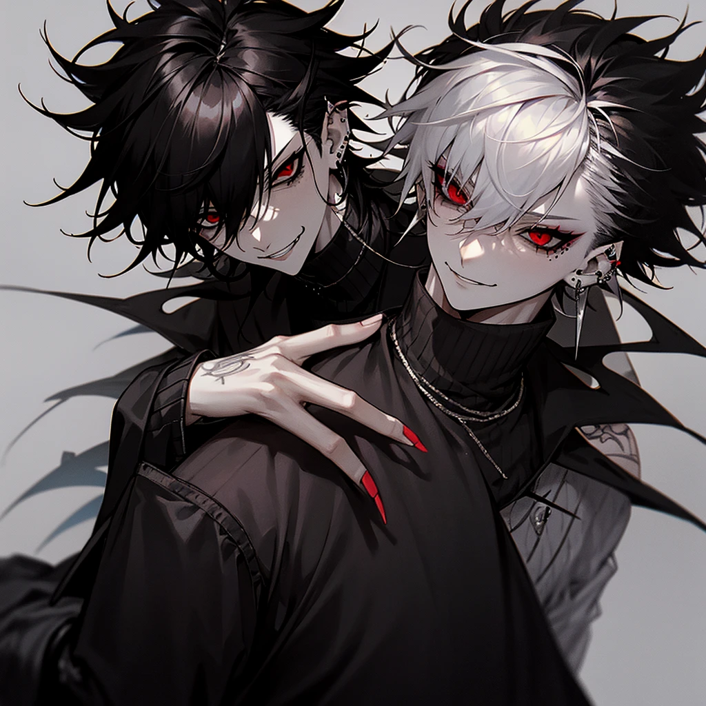 Pale skin, black hair, spiked hair, emo hair, emo, scene, scenmo, male, boy, red eyes, goth, black eyeshadow, glaring at camera, glare, black turtleneck, sleeveless shirt, black sweatpants, cargo pants, converse, long hair, looking down, smirk, smiling, piercings, face piercings, tattoos, scary,