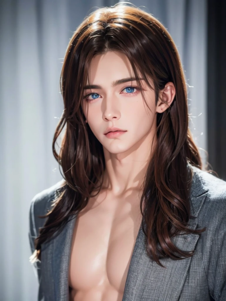 1 boy, beautiful face, brown wavy hair, blue eyes, pale skin, smooth realistic skin