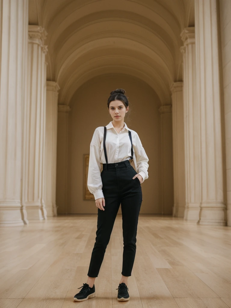 her name is Amelie, high quality, 1girl, ((20-year-old fit Caucasian woman)), ((20 years old)), ((fit)), ((Half-Up Bun dark hair)), pose: standing, wearing stylish fashionable Generation-Z modern wear colored, BACKGROUND: "Inside the Metropolitan Museum of Art, with its vast collection of art spanning ancient to contemporary, elegant galleries