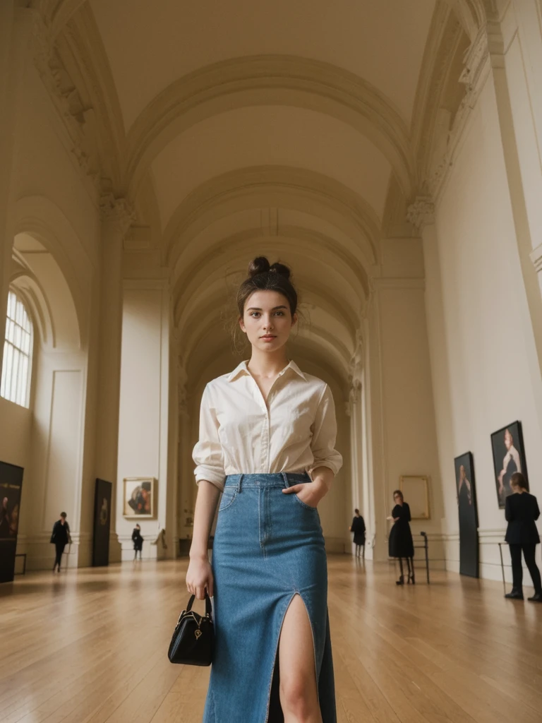 her name is Amelie, high quality, 1girl, ((20-year-old fit Caucasian woman)), ((20 years old)), ((fit)), ((Half-Up Bun dark hair)), pose: standing, wearing stylish fashionable Generation-Z modern wear colored, BACKGROUND: "Inside the Metropolitan Museum of Art, with its vast collection of art spanning ancient to contemporary, elegant galleries
