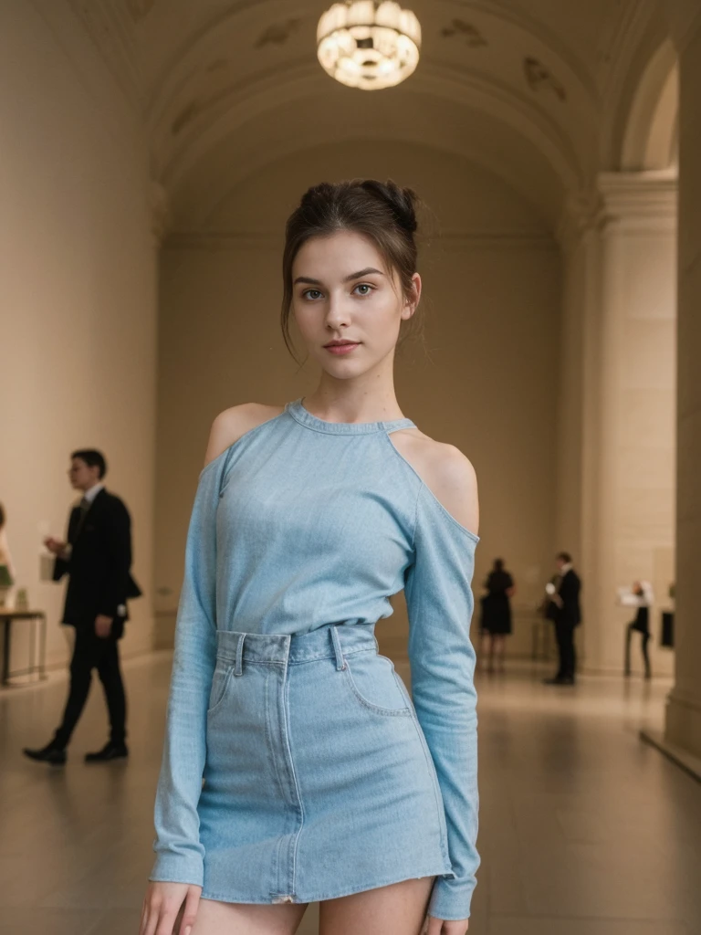 her name is Amelie, high quality, 1girl, ((20-year-old fit Caucasian woman)), ((20 years old)), ((fit)), ((Half-Up Bun dark hair)), pose: standing, wearing stylish fashionable Generation-Z modern wear colored, BACKGROUND: "Inside the Metropolitan Museum of Art, with its vast collection of art spanning ancient to contemporary, elegant galleries