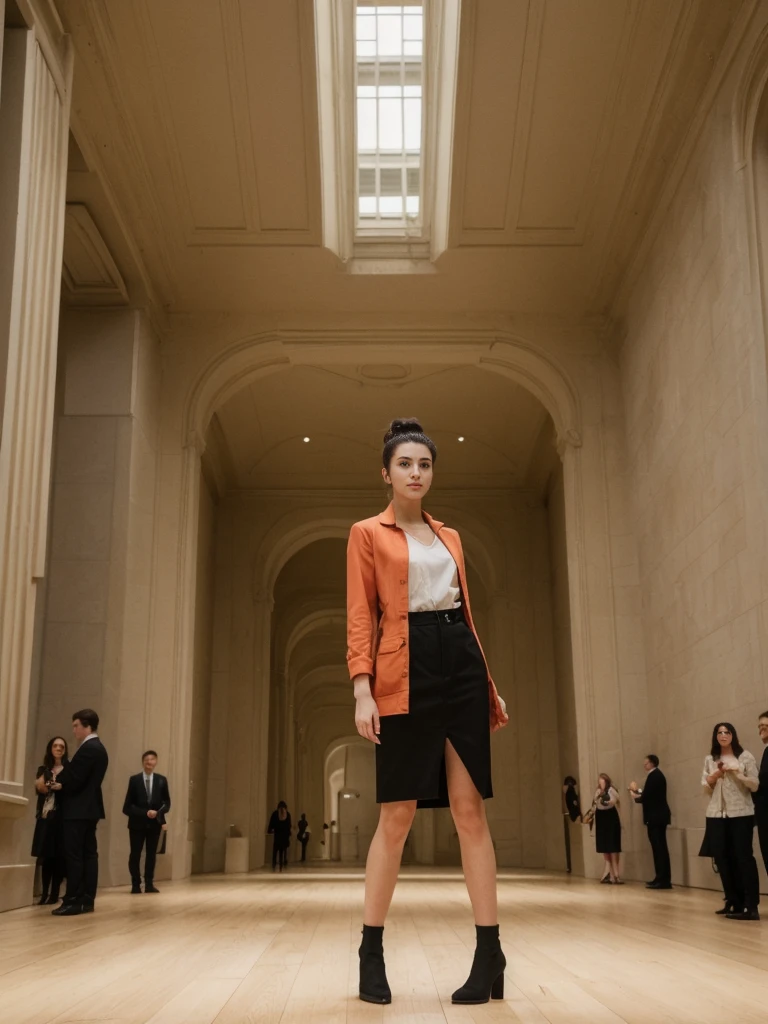 her name is Amelie, high quality, 1girl, ((20-year-old fit Caucasian woman)), ((20 years old)), ((fit)), ((Half-Up Bun dark hair)), pose: standing, wearing stylish fashionable Generation-Z modern wear colored, BACKGROUND: "Inside the Metropolitan Museum of Art, with its vast collection of art spanning ancient to contemporary, elegant galleries