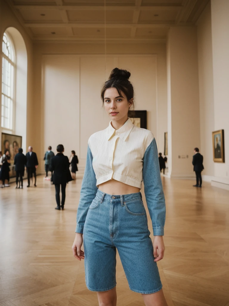 her name is Amelie, high quality, 1girl, ((20-year-old fit Caucasian woman)), ((20 years old)), ((fit)), ((Half-Up Bun dark hair)), pose: standing, wearing stylish fashionable Generation-Z modern wear colored, BACKGROUND: "Inside the Metropolitan Museum of Art, with its vast collection of art spanning ancient to contemporary, elegant galleries