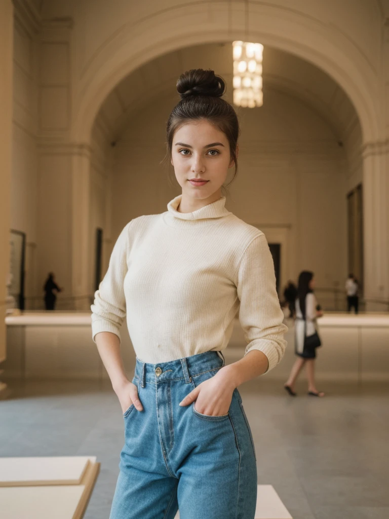 her name is Amelie, high quality, 1girl, ((20-year-old fit Caucasian woman)), ((20 years old)), ((fit)), ((Half-Up Bun dark hair)), pose: standing, wearing stylish fashionable Generation-Z modern wear colored, BACKGROUND: "Inside the Metropolitan Museum of Art, with its vast collection of art spanning ancient to contemporary, elegant galleries