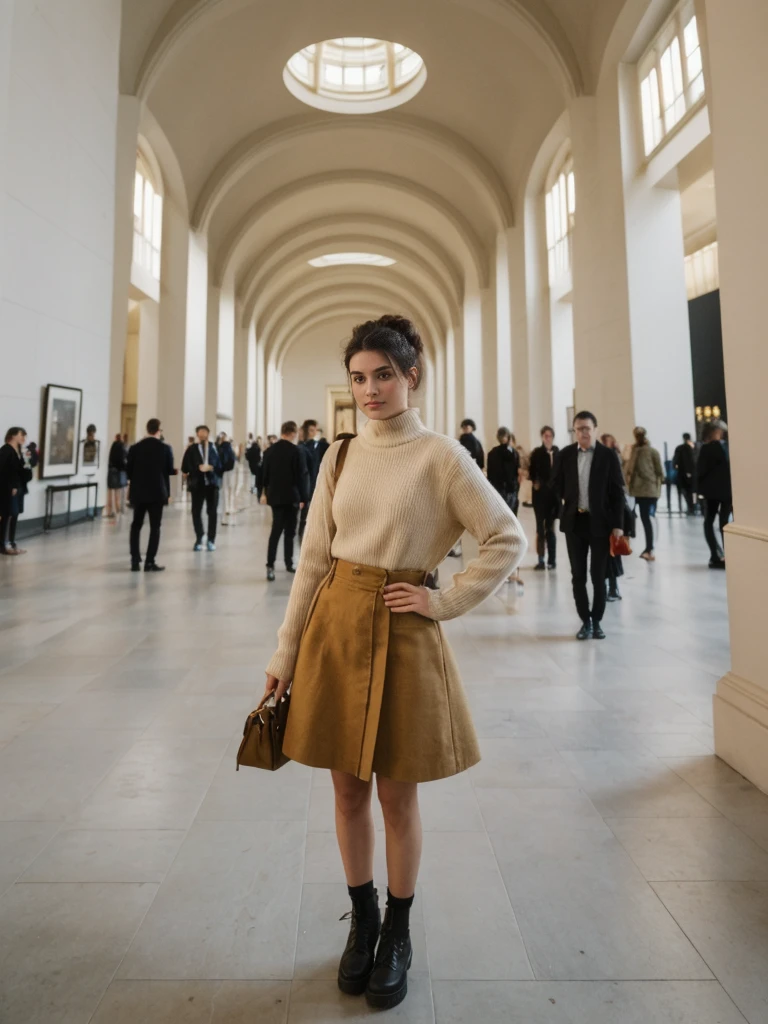 her name is Amelie, high quality, 1girl, ((20-year-old fit Caucasian woman)), ((20 years old)), ((fit)), ((Half-Up Bun dark hair)), pose: standing, wearing stylish fashionable Generation-Z modern wear colored, BACKGROUND: "Inside the Metropolitan Museum of Art, with its vast collection of art spanning ancient to contemporary, elegant galleries
