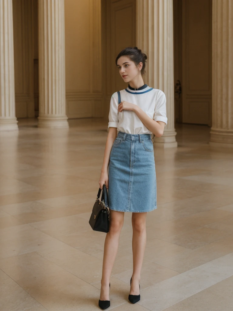 her name is Amelie, high quality, 1girl, ((20-year-old fit Caucasian woman)), ((20 years old)), ((fit)), ((Half-Up Bun dark hair)), pose: standing, wearing stylish fashionable Generation-Z modern wear colored, BACKGROUND: "Inside the Metropolitan Museum of Art, with its vast collection of art spanning ancient to contemporary, elegant galleries