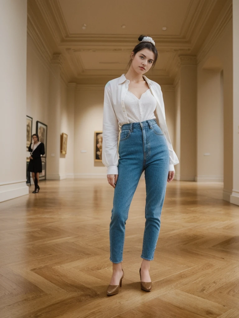 her name is Amelie, high quality, 1girl, ((20-year-old fit Caucasian woman)), ((20 years old)), ((fit)), ((Half-Up Bun dark hair)), pose: standing, wearing stylish fashionable Generation-Z modern wear colored, BACKGROUND: "Inside the Metropolitan Museum of Art, with its vast collection of art spanning ancient to contemporary, elegant galleries