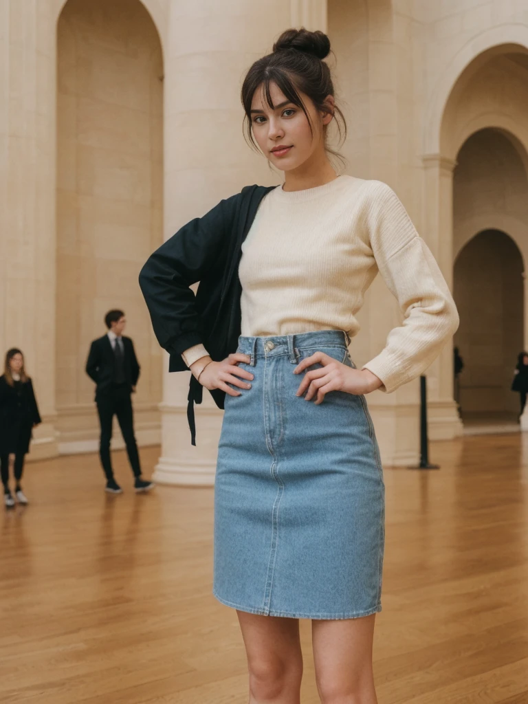 her name is Amelie, high quality, 1girl, ((20-year-old fit Caucasian woman)), ((20 years old)), ((fit)), ((Half-Up Bun dark hair)), pose: standing, wearing stylish fashionable Generation-Z modern wear colored, BACKGROUND: "Inside the Metropolitan Museum of Art, with its vast collection of art spanning ancient to contemporary, elegant galleries