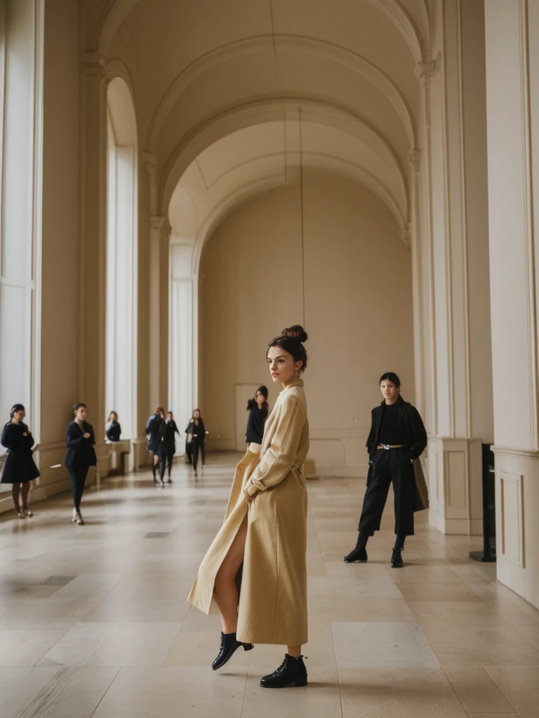 her name is Amelie, high quality, 1girl, ((20-year-old fit Caucasian woman)), ((20 years old)), ((fit)), ((Half-Up Bun dark hair)), pose: standing, wearing stylish fashionable Generation-Z modern wear colored, BACKGROUND: "Inside the Metropolitan Museum of Art, with its vast collection of art spanning ancient to contemporary, elegant galleries
