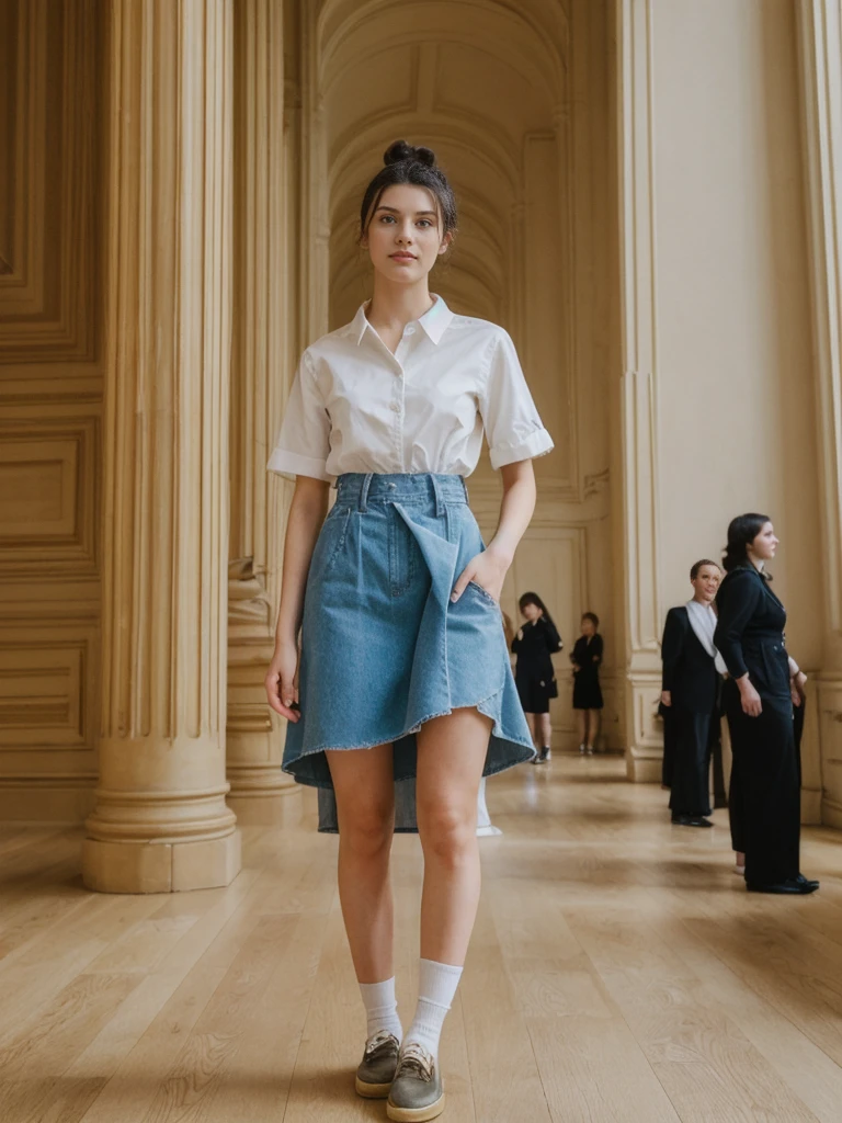 her name is Amelie, high quality, 1girl, ((20-year-old fit Caucasian woman)), ((20 years old)), ((fit)), ((Half-Up Bun dark hair)), pose: standing, wearing stylish fashionable Generation-Z modern wear colored, BACKGROUND: "Inside the Metropolitan Museum of Art, with its vast collection of art spanning ancient to contemporary, elegant galleries