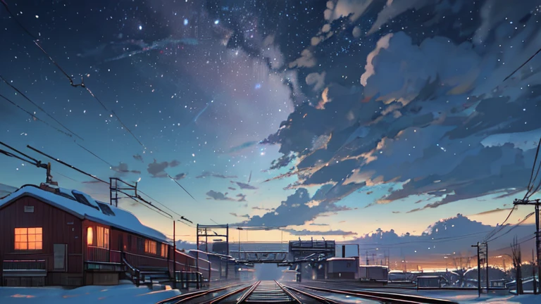 In the snow、A train runs along the tracks, makoto shinkai'Concept Art, tumbler, Magic realism, Beautiful anime scene, Space Sky. by Makoto Shinkai, ( ( makoto shinkai ) ), Anime Background Art, Anime Background, makoto shinkai'style, Anime movie background, Galaxy Express, No humans.