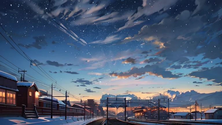In the snow、A train runs along the tracks, makoto shinkai'Concept Art, tumbler, Magic realism, Beautiful anime scene, Space Sky. by Makoto Shinkai, ( ( makoto shinkai ) ), Anime Background Art, Anime Background, makoto shinkai'style, Anime movie background, Galaxy Express, No humans.