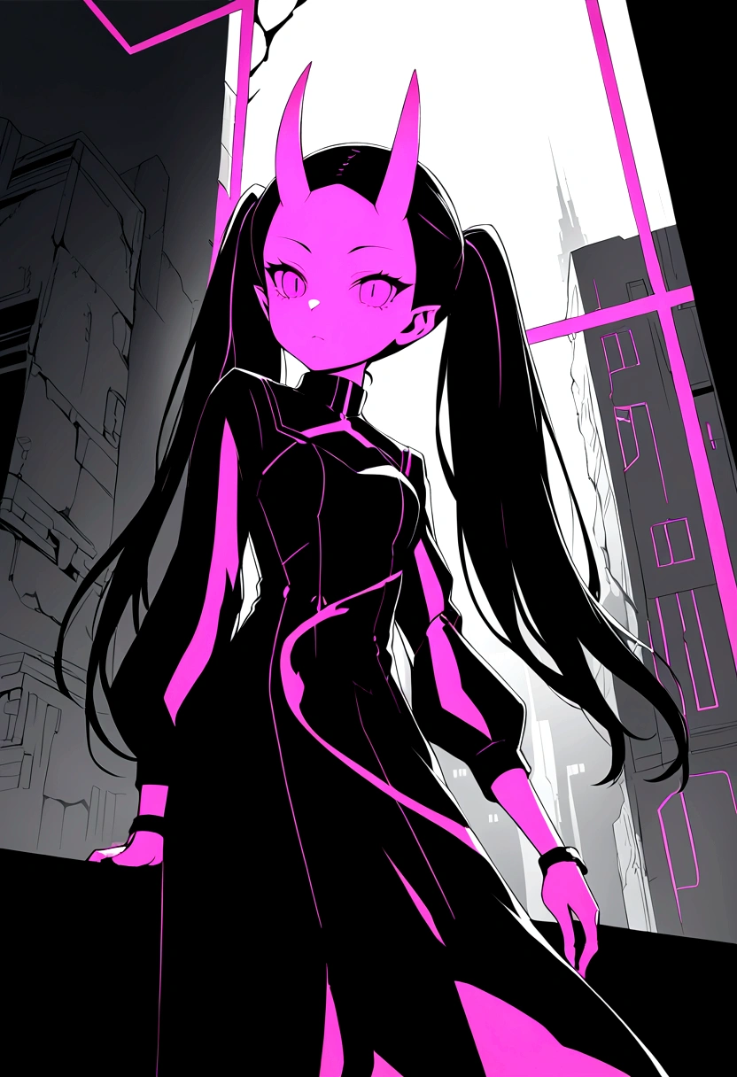 Anime Oni-girl. She has long pink twintails and parted bangs. ((forehead))++. She is wearing a red and black gothic dress. She has oni horns. The background includes a cyberpunk cityscape visible through a cracked window. Neon glows and deep shadows. Created Using: digital illustration, cyberpunk style, high contrast, vibrant neon colors, sleek design, gritty textures, hd quality