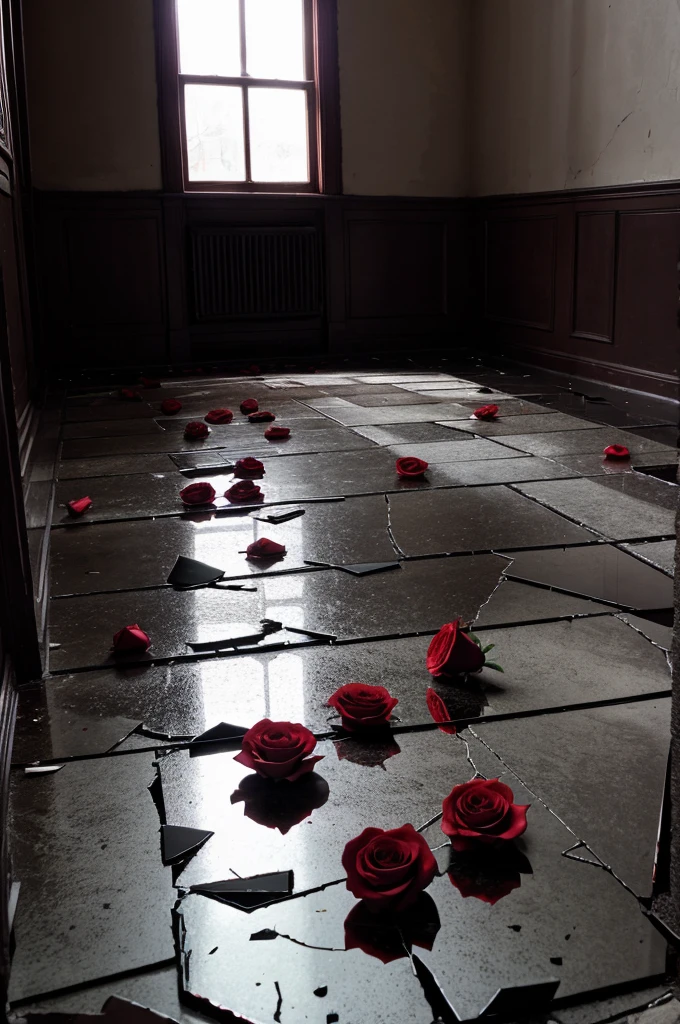 Shattered red roses , broken mirrors on floor , dark room