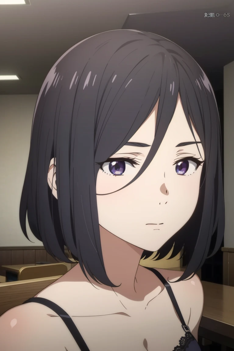 ((masterpiece, best quality, highres, UHD, perfect pixel, depth of field, 4k, RTX, HDR))), 1girl, single, solo, beautiful anime girl, beautiful artstyle, anime character, ((short hair, black hair :0.8)), ((detailed face, blushing:1.2)), ((smooth texture:0.75, realistic texture:0.65, photorealistic:1.1, anime CG style)), dynamic angle, perfect body, ((portrait, pov)), bra, underwear, indoors, armpits