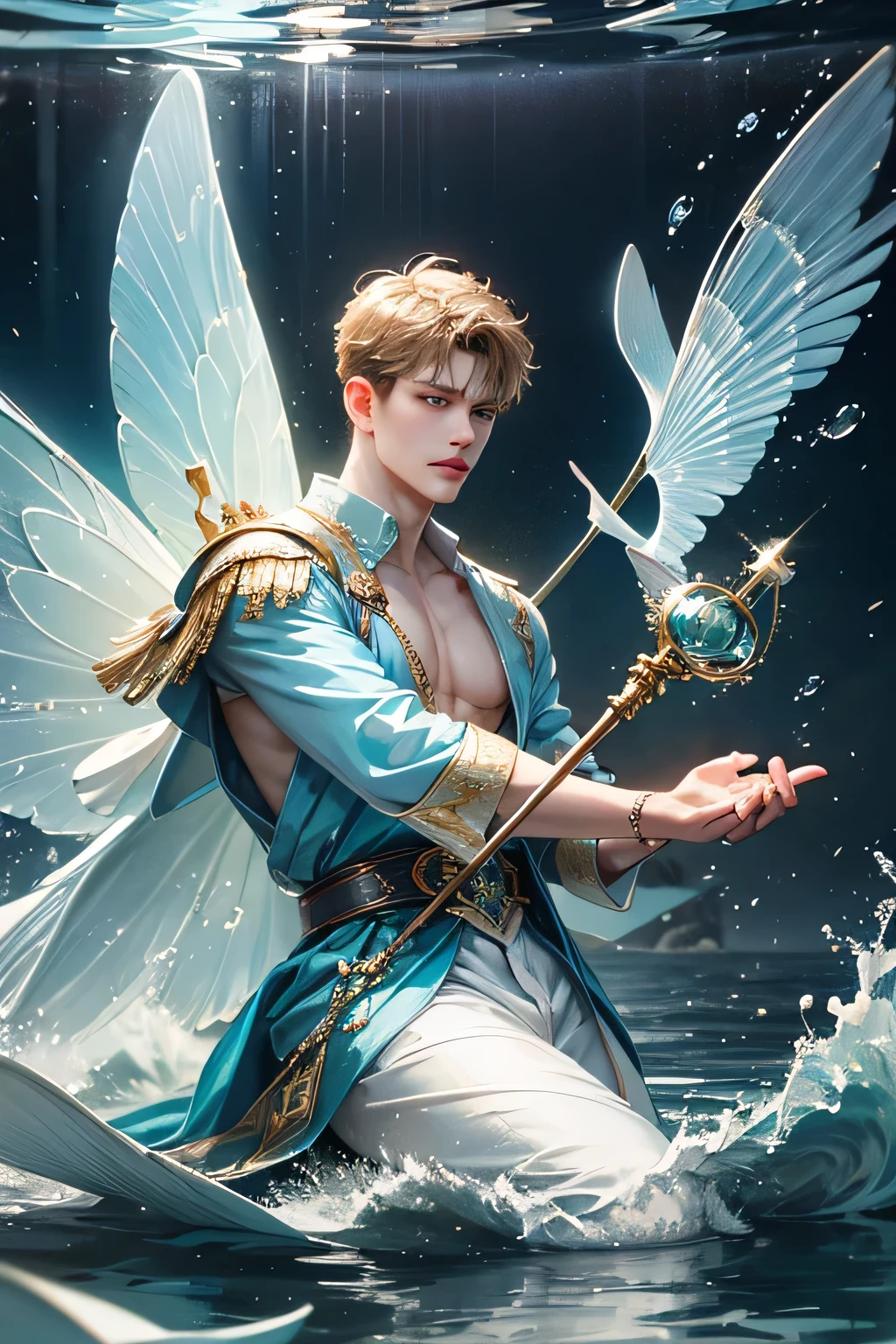 "Craft a captivating digital illustration featuring a handsome male fairy adorned with magnificent, iridescent wings reminiscent of glistening water droplets. Highlight his command over the element of water with cascading waves and gentle ripples flowing around him, evoking a sense of serene power. Incorporate a distinct water fairy symbol, holding an mystic ancient trident water staff, emblazoned upon him, symbolizing his connection to the watery depths and mastery over aquatic forces."