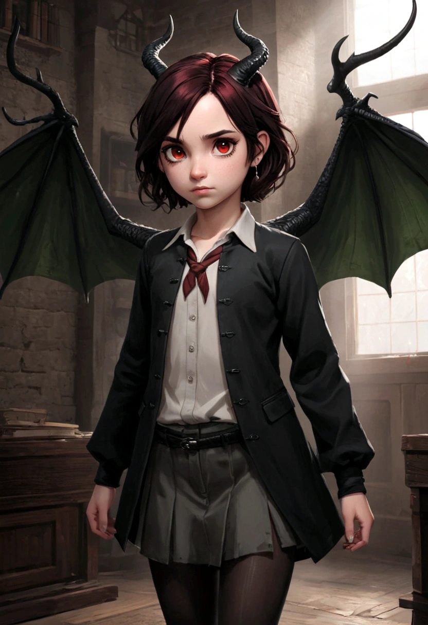 a young 9-year-old daughter of severus snape, (best qualityer: 1.0), (super high res: 1.0), 1girl, extremely detailed character, detailed hands, Half-dragon girl, antlers, Dragon horns, Girl with black dragon tail, Black dragon tail, Extremely detailed hair, shorth hair, ((short hair)), ((red dark hair)), ((Black Color Tips)), extremely detailed eyes, eye with different colors, heterochromia, White right eye, Black Green left eye, dragon eyes, 2d, anime art, ((barnet)), ((fully body)), standing on her feet, Mediovale, RPG, small, lowrise, (Small Height), , (adolescent), dead look, grim expression, preoccupied, look of tiredness, long-sleeve shirt, Black jacket, star earrings + offwhite, vestido longo Mediovale + blackw, pantyhose + black + white, high-heels