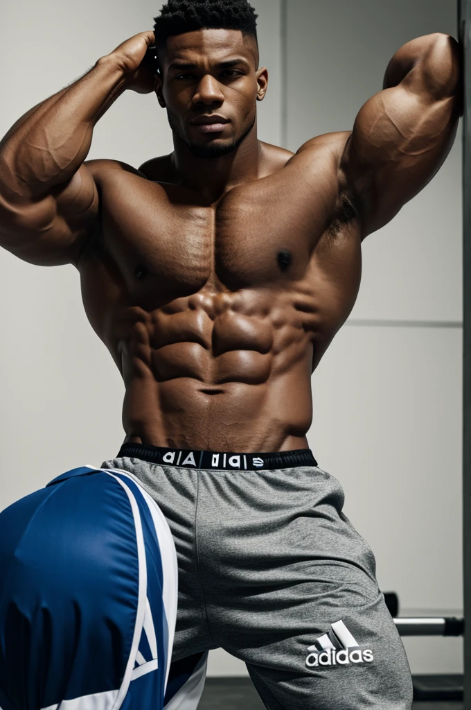Muscular man with the face of a thug wears an adidas sports outfit