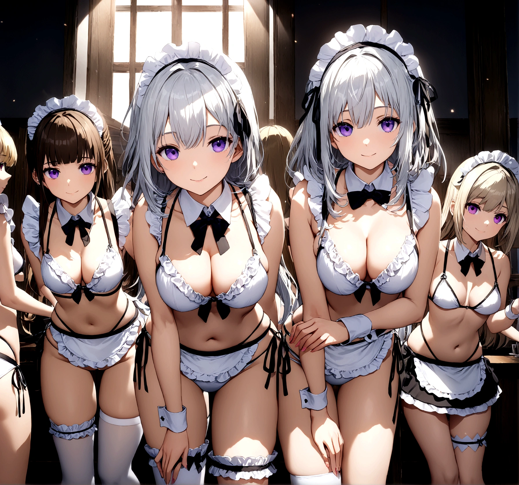 Browsing Caution, masterpiece, Highest quality, Very detailed, Ultra-fine illustrations, 8k CG wallpaper, Great art, (Three women stand side by side:1.4), Perfect Anatomy, (Pussy juice:1.2)), ((mini skirt,Maid uniform, Transparent clothes, Apron skirt)), (White horizontal lace panties:1.3), (Pink stylish lace panties:1.3), (Stylish lace panties in light blue:1.3)), (Embarrassed expression, blush:1.2), Beautiful big , Slender body, (All the women lift their skirts to show their panties:1.5), ((Anime CG Style)), garter belt, ((White lace short chest curtain,Underbust)), ((bare Maid uniform)),((underboob))