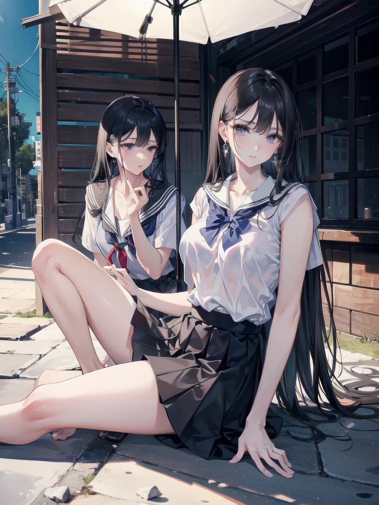 absurdres, RAW photo, extremely delicate and beautiful, masterpiece, Best Quality, ultra high resolution, 32k, hyperrealistic, ultra-detailed, in her 20s, delicate facial features, tearful mole, earring, medium breasts, full body shot, shorter middle hair, black hair, ((summer school_uniform)),