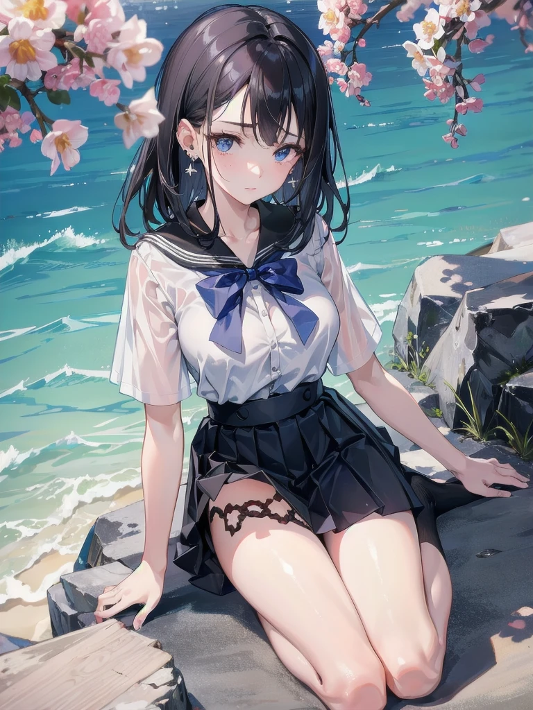 absurdres, RAW photo, extremely delicate and beautiful, masterpiece, Best Quality, ultra high resolution, 32k, hyperrealistic, ultra-detailed, in her 20s, delicate facial features, tearful mole, earring, medium breasts, full body shot, shorter middle hair, black hair, ((summer school_uniform)),