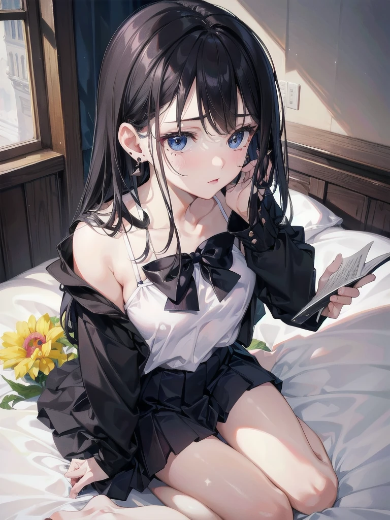absurdres, RAW photo, extremely delicate and beautiful, masterpiece, Best Quality, ultra high resolution, 32k, hyperrealistic, ultra-detailed, in her 20s, delicate facial features, tearful mole, earring, medium breasts, full body shot, shorter middle hair, black hair, ((summer school_uniform)),