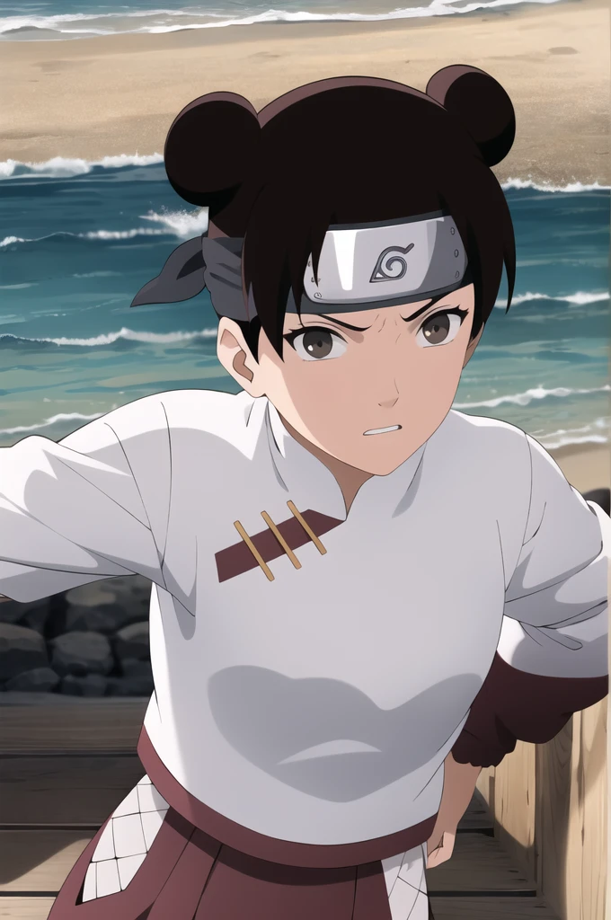 masterpiece, absurdres , (intricate details), (colorful),cinematic lighting,bust shot,extremely detailed CG unity 8k wallpaper,tenten\(shippuden\), 1girl, solo, hakama pants,white shirt, medium breasts, hand on hip,forehead protector, konohagakure symbol, headband, looking at viewer, outdoors,beach, laying on chest, laying on towel, frown,naked, small ass, big breasts, vagina, sunbathing