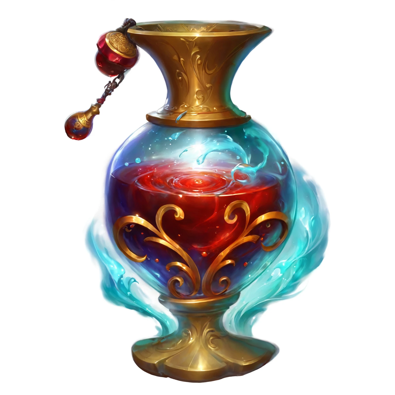 There is a very beautiful vase，There is a red liquid inside, painting of one health Potions, Rendering art, Potions of healing, health Potions, Potions, 3 d Rendering风格, magical Potionss, magic Potionss, Rendering illustration, Stylized digital art, fantasy oil, Stylized art, Fantasy game spell symbols, author：Eugenius Zach, Rendering