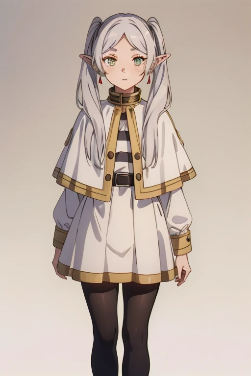 One girl,alone,Fairy,Gray Hair,Grey Hair,Earrings,Pointed Ears,Long Hair,ponytail,Green Eyes,Twin tails,Parted bangs,Thick eyebrows,Capelet with collar,White capelet,Striped shirt,Long sleeve,Striped,White Skirt.,
pantyhose,Brown footwear,Expressionless,Red cane,, Amazing visuals, High resolution,masterpiece,Highest quality,, Amazing visuals,High resolution,masterpiece,Highest quality,18-year-old,young woman,Beautiful fingers,Beautiful long legs,Beautiful body,Beautiful character design,White panties,