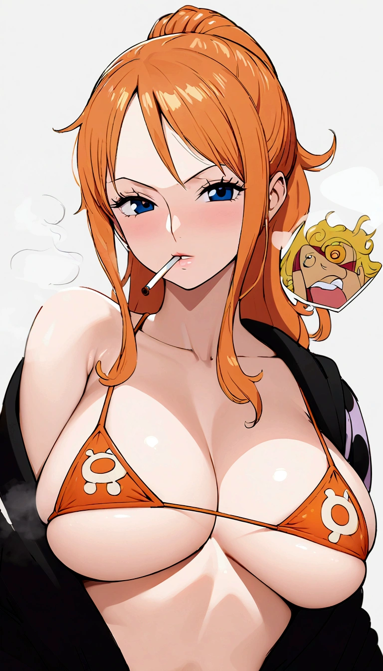 a cartoon picture of a woman in a bikini top and jeans, nami one piece, nami from one piece, nami, beautiful portrait of nami, from one piece, oppai, blue eyes, smoking, ponytail, nsfw