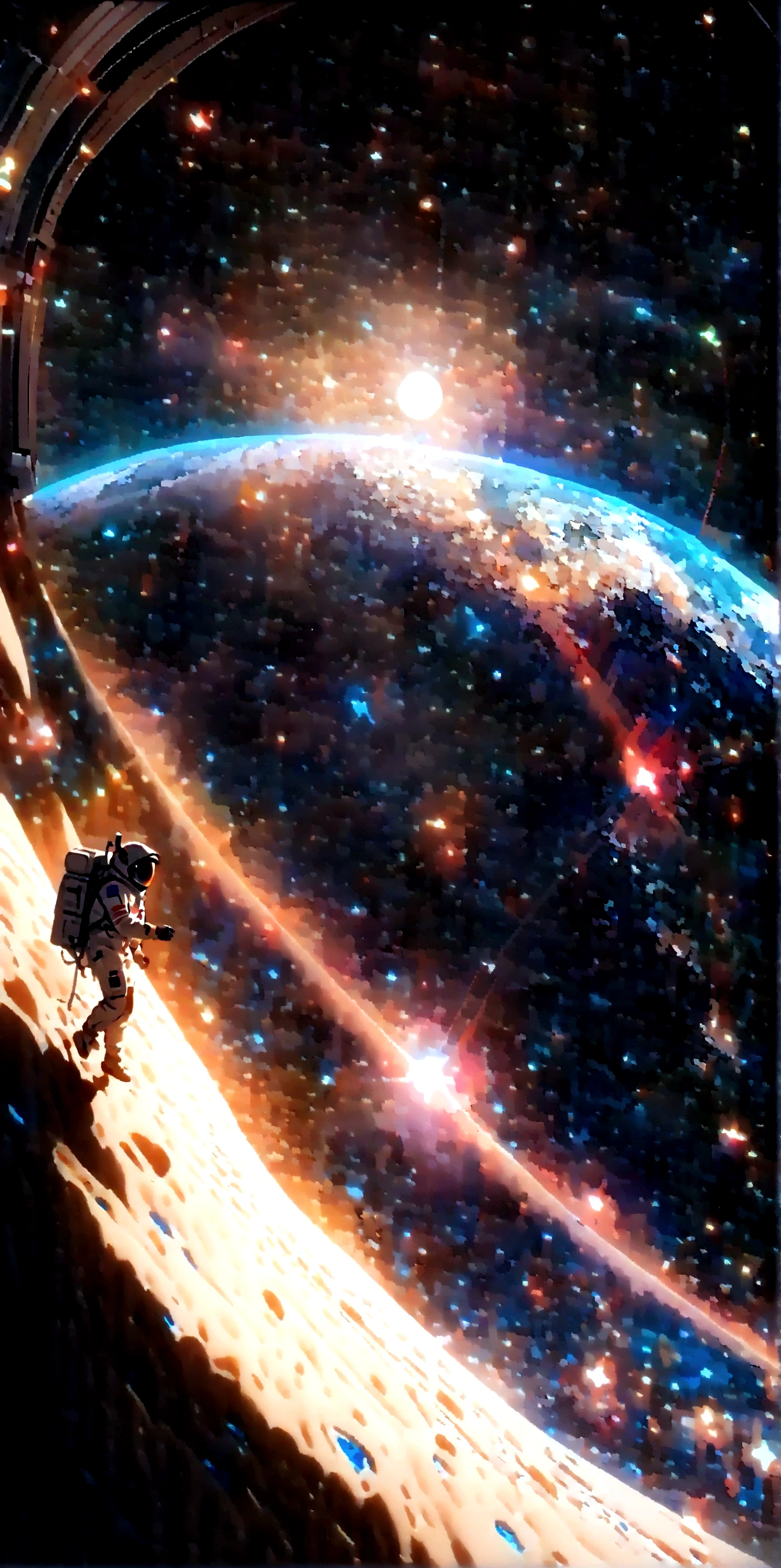 quality\(8K,Extremely detailed CG unit wallpaper, masterpiece,high resolution,top-quality,top-quality real texture skin,Surrealism,提high resolution,original photo,Best quality,Very detailed,wallpaper,light,Ray Tracing,Golden Ratio\), rest ,Solitary,1. Astronaut in space suit drifting aimlessly in the Milky Way\(dark,beautiful,beautiful stars\) and a beautiful dazzling sun rising from behind the beautiful (Blue Earth:1.4),(Long Shot:1.5)