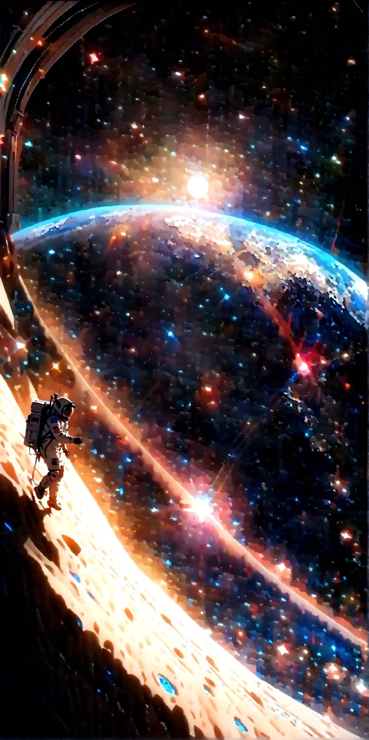 quality\(8K,Extremely detailed CG unit wallpaper, masterpiece,high resolution,top-quality,top-quality real texture skin,Surrealism,提high resolution,original photo,Best quality,Very detailed,wallpaper,light,Ray Tracing,Golden Ratio\), rest ,Solitary,1. Astronaut in space suit drifting aimlessly in the Milky Way\(dark,beautiful,beautiful stars\) and a beautiful dazzling sun rising from behind the beautiful (Blue Earth:1.4),(Long Shot:1.5)