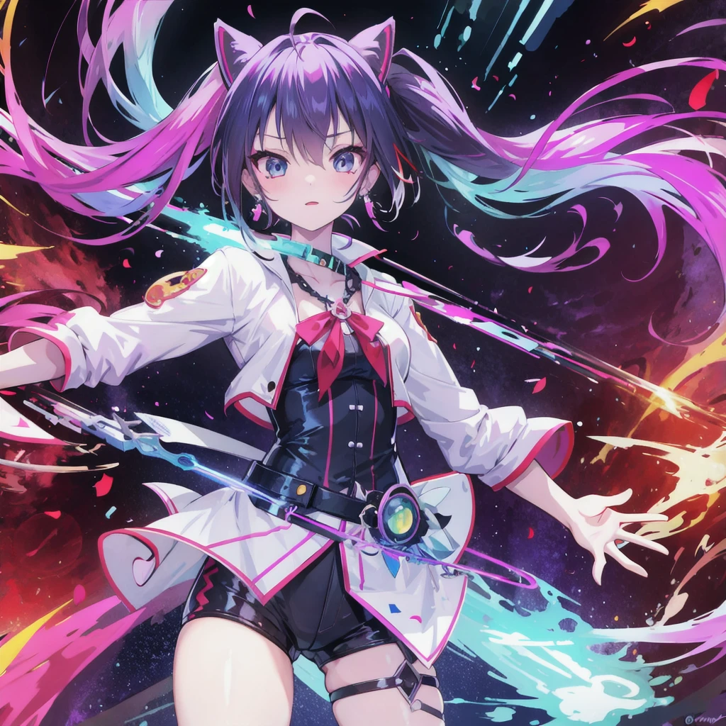 masterpiece, best quality:1.2),anime style:1.8, 1girl, solo, Ultra-detailed, best quality,High saturation, gradient, colorful,magic, vivid colors ,perfect face,Bangs, twin tails 