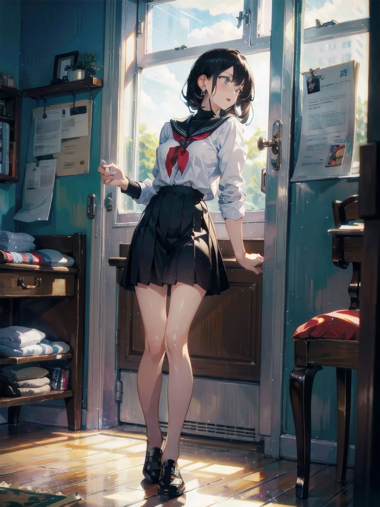 absurdres, RAW photo, extremely delicate and beautiful, masterpiece, Best Quality, ultra high resolution, 32k, hyperrealistic, ultra-detailed, in her 20s, delicate facial features, tearful mole, earring, medium breasts, full body shot, shorter middle hair, black hair, ((summer school_uniform)),