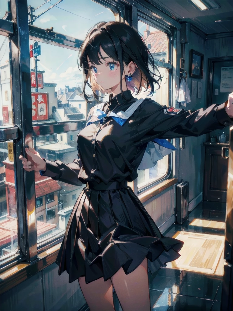 absurdres, RAW photo, extremely delicate and beautiful, masterpiece, Best Quality, ultra high resolution, 32k, hyperrealistic, ultra-detailed, in her 20s, delicate facial features, tearful mole, earring, medium breasts, full body shot, shorter middle hair, black hair, ((summer school_uniform)),