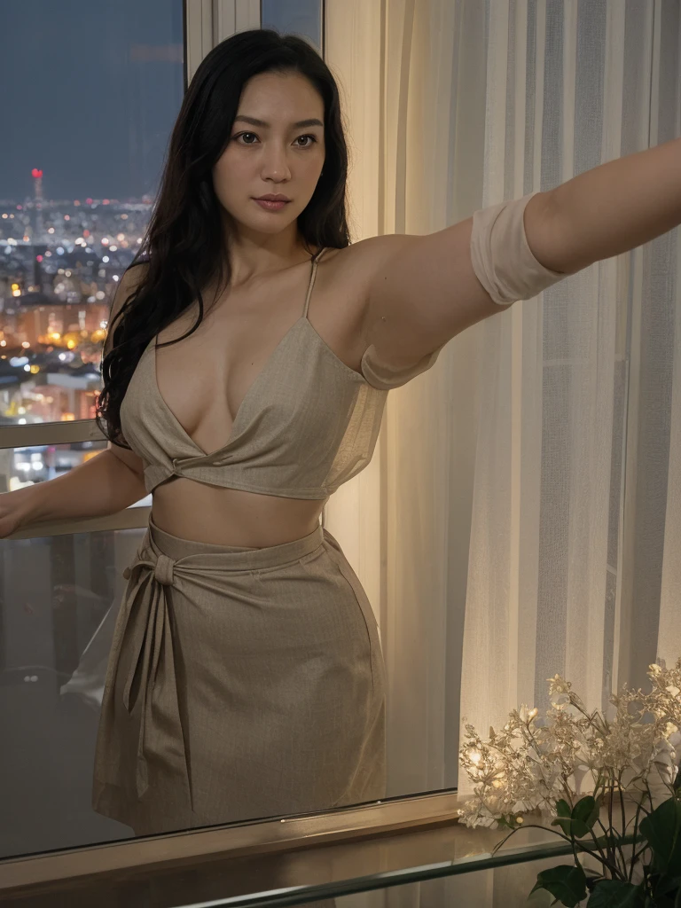 1girl, solo, photorealistic, realistic, middle age, a 30-year-old woman, ordinary mature woman, Japanese woman, Japanese woman, Japanese face, body of 30-year-old woman, (curly black hair), long hair, dark eyes, small nose, pointy jawline, deep cheekbones, shovel-shaped incisor teeth, pale-white skin, ((((selfie shot))), rich decorative curtains, window glass, city night view, clothed, (((upper body only)))