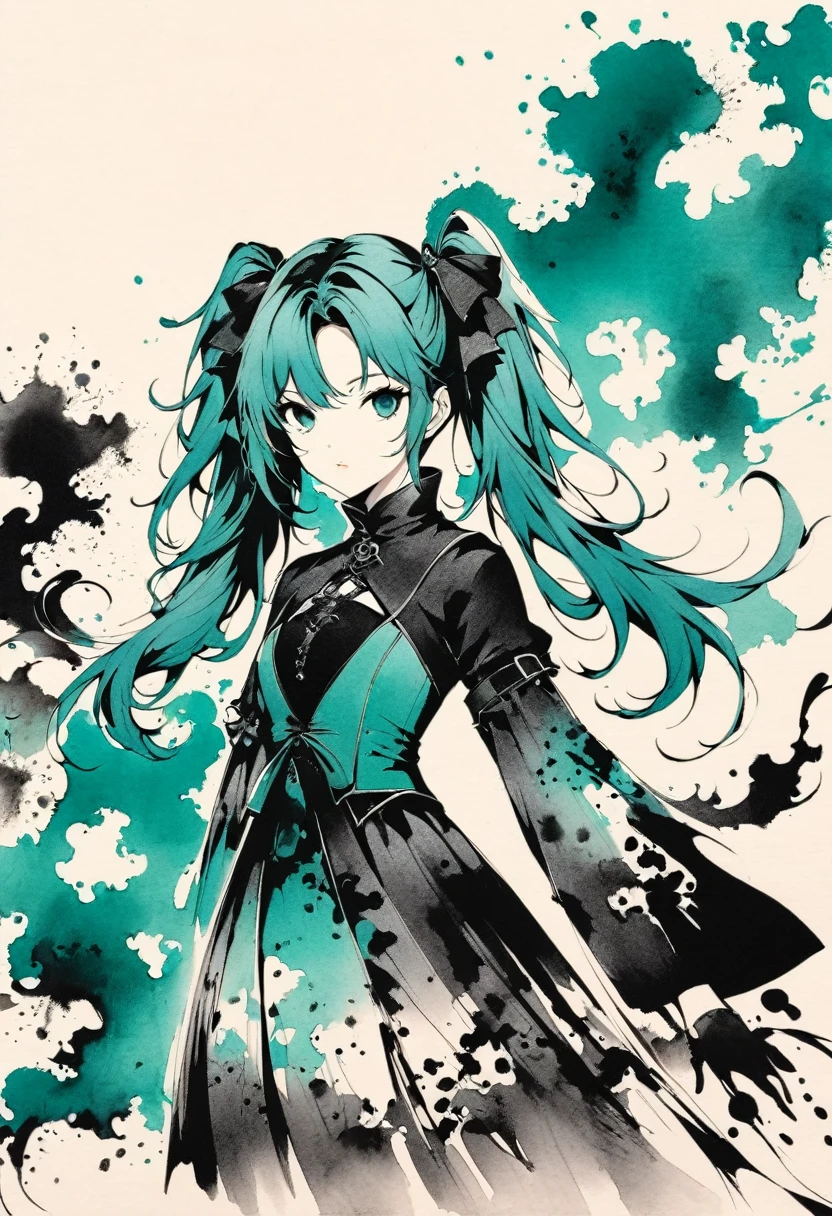 a girl with twin pigtails, gothic fashion, minimalist,lineart,vast negative space,ink wash painting,abstract,teal color