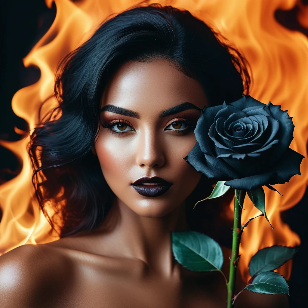 a woman with a black rose on fire, flawless skin, whimsical photography style, photo captured by an Arriflex 35BL camera using Canon K25 prime lenses, cinematic, dramatic lighting, ultra clear, breathtaking surreal masterpiece. sensual pose