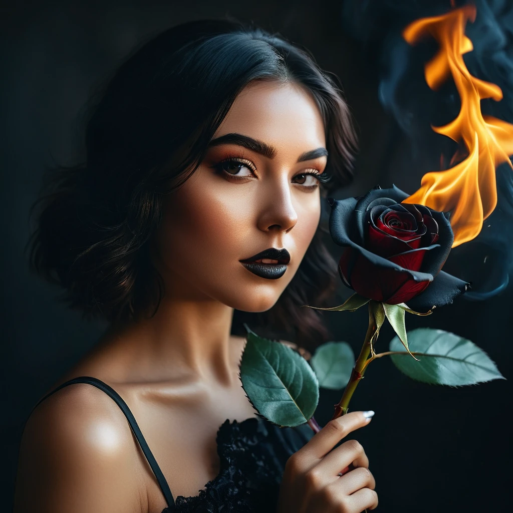 a woman with a black rose on fire, flawless skin, whimsical photography style, photo captured by an Arriflex 35BL camera using Canon K25 prime lenses, cinematic, dramatic lighting, ultra clear, breathtaking surreal masterpiece. sensual pose




