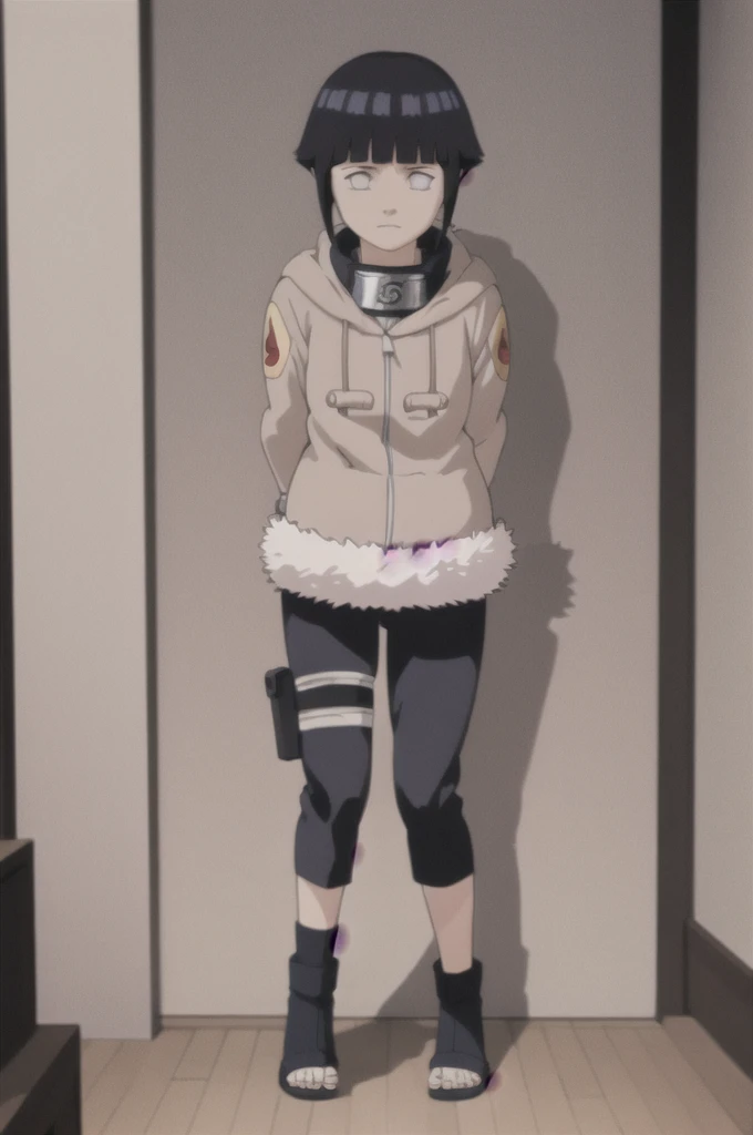 masterpiece, best quality,
1girl, hyuuga hinata, black hair, short hair, white eyes, no pupils, coat, forehead protector, fur trim, konohagakure symbol, long sleeves,
arms behind back, full body, solo, looking at viewer, bedroom background, bottomless