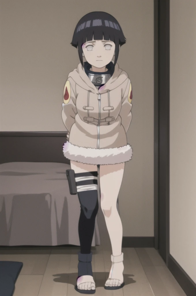masterpiece, best quality,
1girl, hyuuga hinata, black hair, short hair, white eyes, no pupils, coat, forehead protector, fur trim, konohagakure symbol, long sleeves,
arms behind back, full body, solo, looking at viewer, bedroom background, bottomless