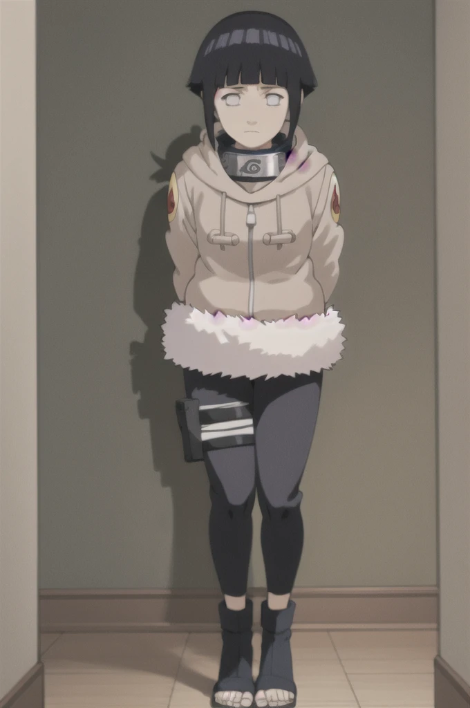 masterpiece, best quality,
1girl,  hyuuga hinata, black hair, short hair, white eyes,  no pupils, coat, forehead protector, fur trim, konohagakure symbol, long sleeves,
arms behind back, full body, solo, looking at viewer, bedroom background, bottomless 
 