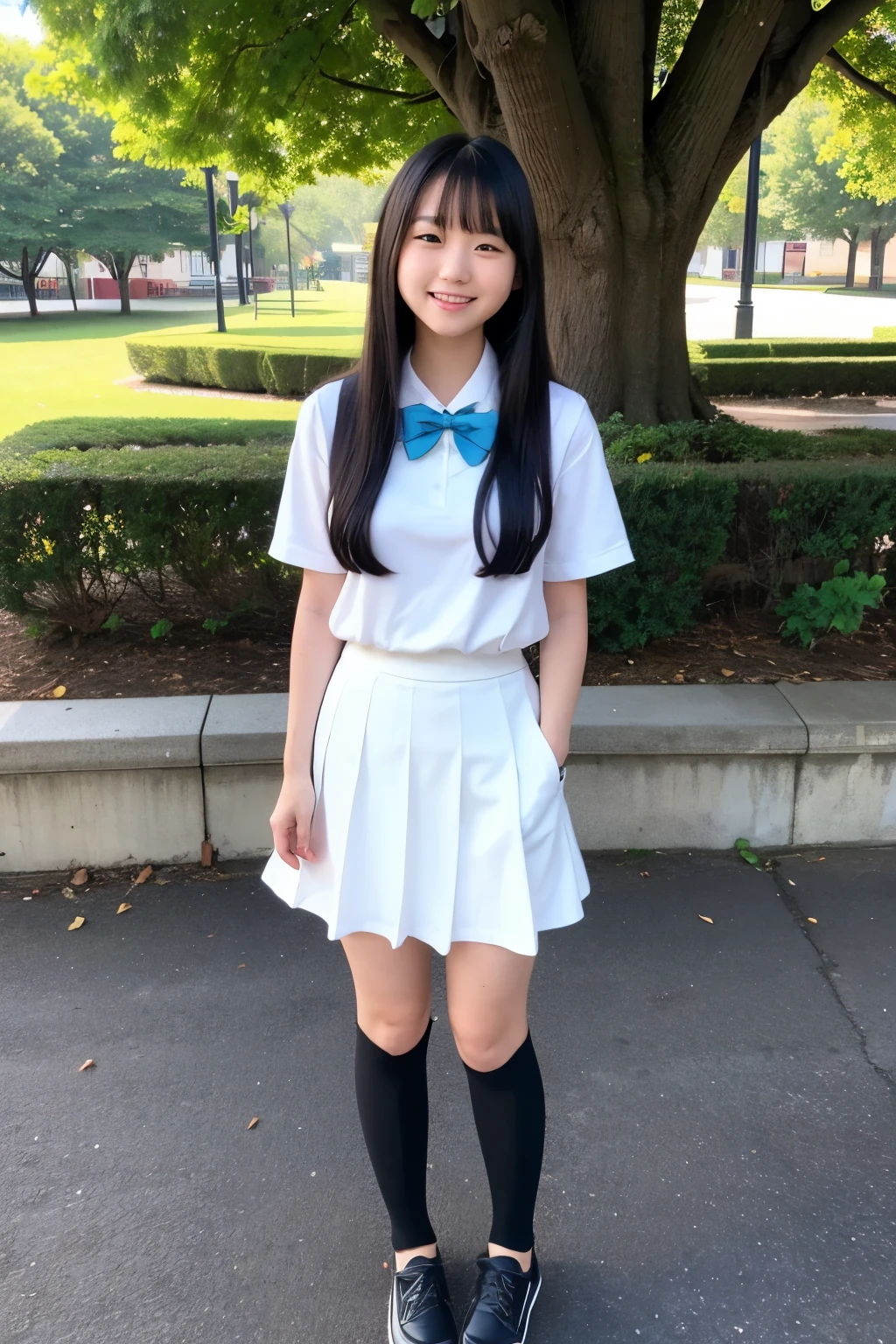 Standing in an empty park、high school student、Summer uniform、Cute clothes、Long black hair、Cute face、miling、Full body portrait
